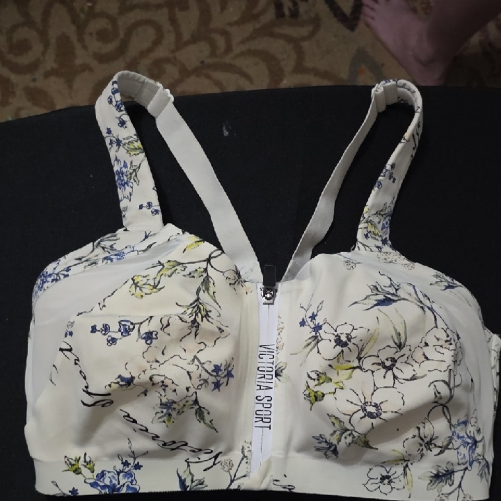 Victoria Sport Womens Bra‎ White/Blue Floral Zips Front Hook Underwire 36DDD EUC